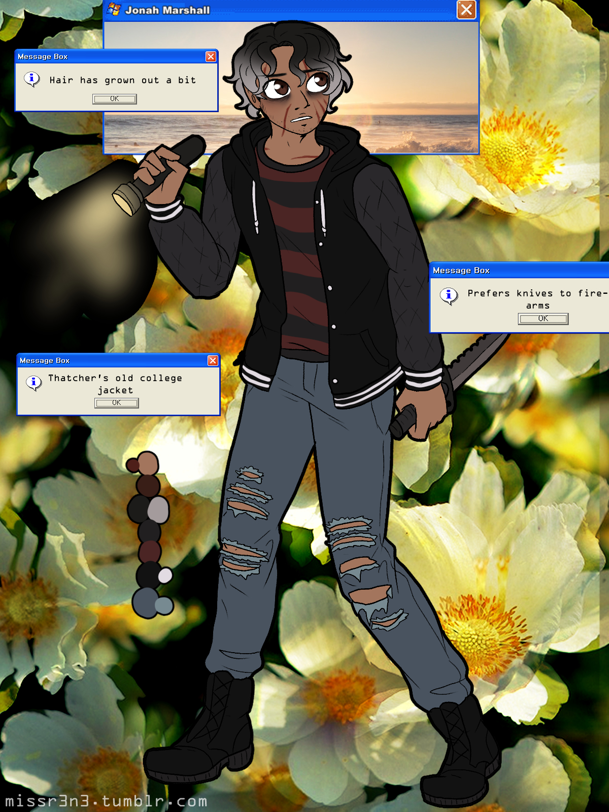 jonah marshall with overgrown hair in front of a glitching floral background holding a flashlight and a knife